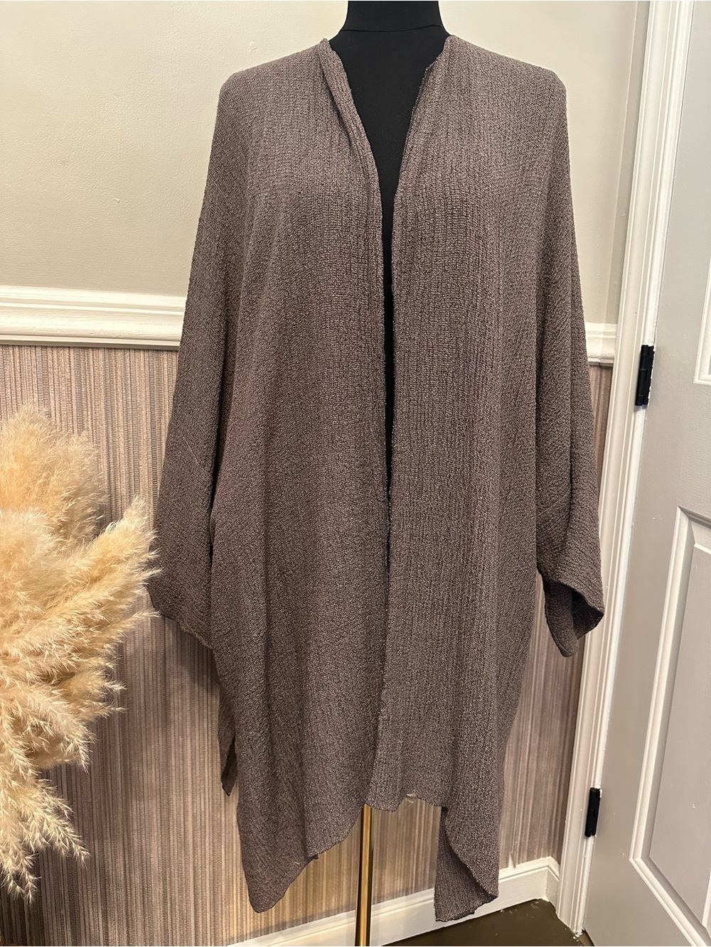 SHI Oversized Open Front Cocoon Cardigan Dolman Sleeve Gauze Knit Brown